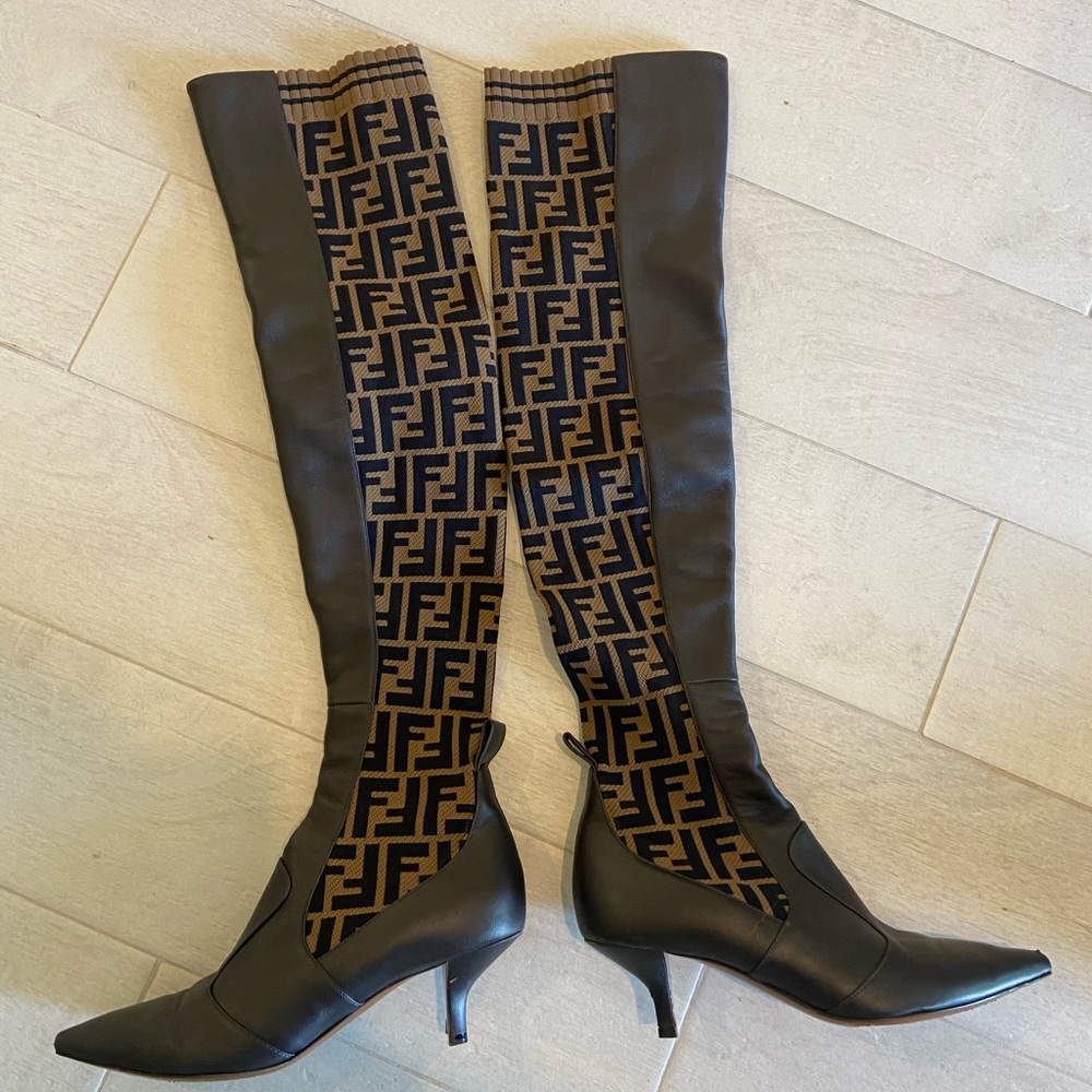 Fendi Rockoco thigh high knit kitten heel boots